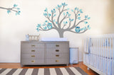 Self adhesive vinyl decal sticker of a tree with pattern leaves and matching blue owls