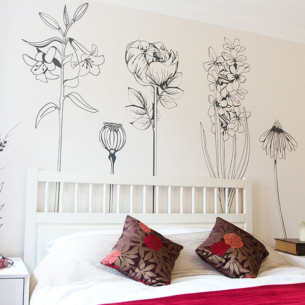 Hand Drawn flower wall sticker for interior design DIY projects