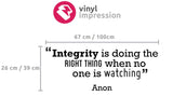 Sizing chart for 'Integrity' motivational wall sticker for offices and homes