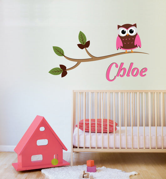 Owl on a branch vinyl wall sticker decal with girls name in pinks
