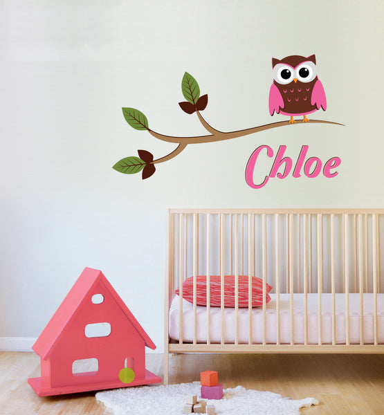 Owl on a branch vinyl wall sticker decal with girls name in pinks