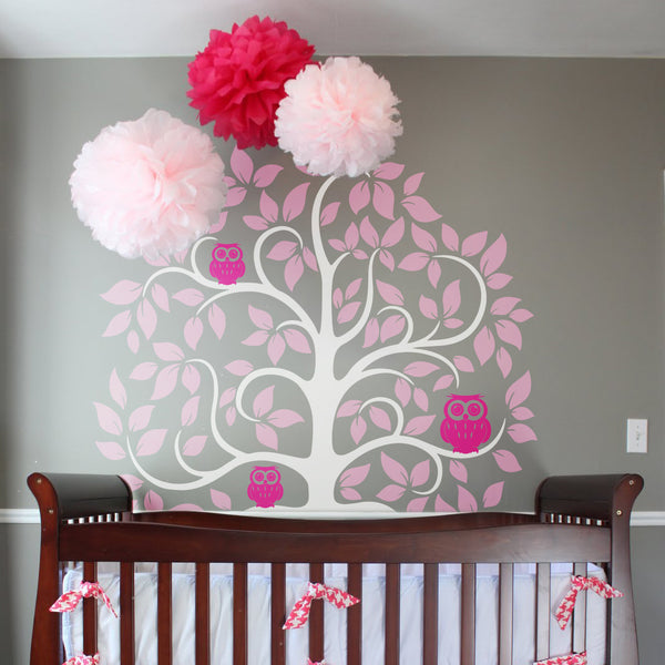 Owls in the trees Wall sticker curly large tree design in pink for girls bedroom