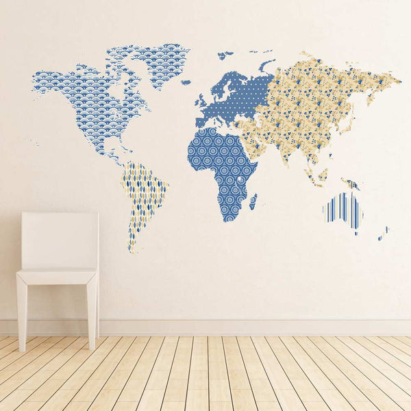 World map with patterns wall art decal sticker graphic for home