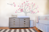 Wall Decal tree above baby changer grey tree with pink leaves and owls in the branches