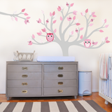 Tree wall sticker decal wall graphic with owls and pink pattern leaves. This Removable wall vinyl sticker perfect for nurseries and girls bedrooms