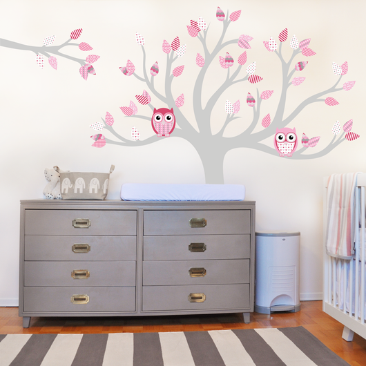 Tree wall sticker decal wall graphic with owls and pink pattern leaves. This Removable wall vinyl sticker perfect for nurseries and girls bedrooms