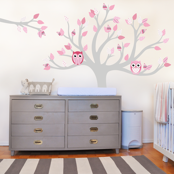 Tree wall sticker decal wall graphic with owls and pink pattern leaves. This Removable wall vinyl sticker perfect for nurseries and girls bedrooms