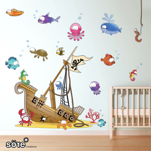 Sunken pirate ship wall sticker pack for decorating children's bedrooms.