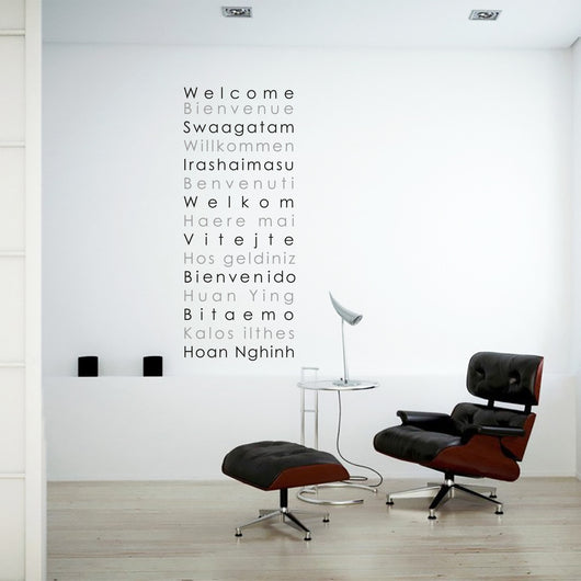Welcome in different languages wall art sticker decal for homes and offices.
