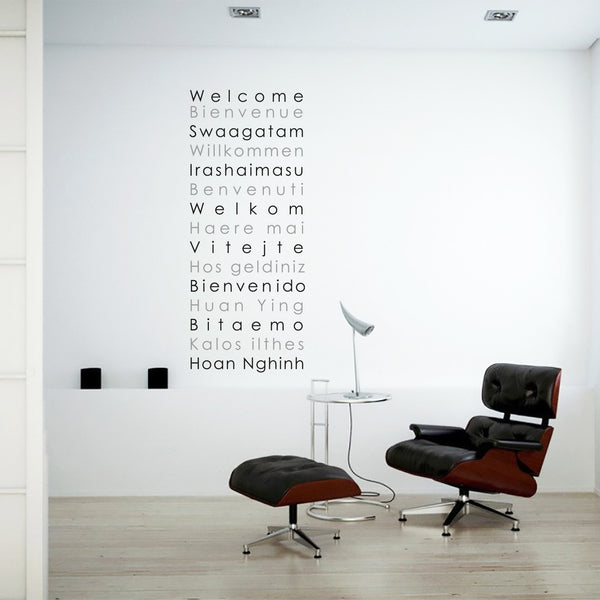 Welcome in different languages wall art sticker decal for homes and offices.