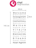 Sizing chart of the welcome international wall sticker decal for offices and homes